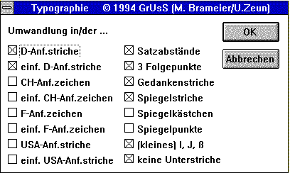 Die Dialogbox des für Ami Pro geschriebenen Makros zum Austauschen inkorrekter typografischer Zeichen im Quelltext.