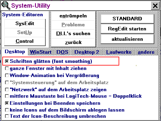 Screenshot: Programm zur Einstellung der Kantenglättung