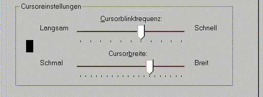 Screenshot: Windows ME; Eigenschaften von Eingabehilfen, Registerkarte "Anzeige" unterer Teil für Cursoreinstellungen